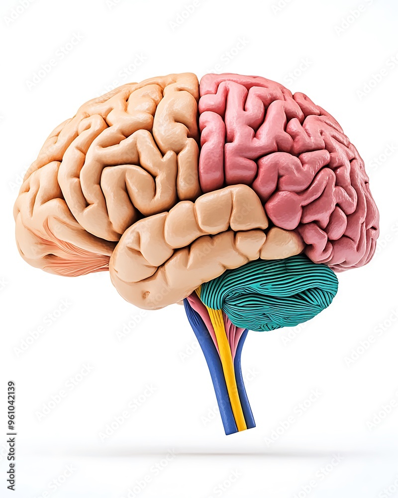 A realistic 3D model of the human brain, highlighting different lobes ...