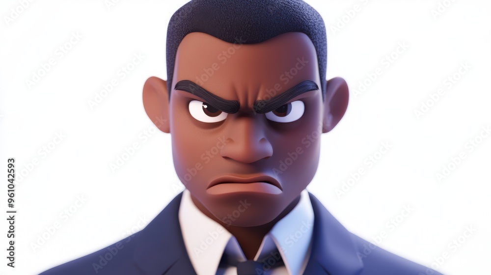 3D character close up portrait of a slightly angry black man in a dark blue blazer, with a tight-lipped frown and sharp gaze, on a white backdrop, cartoon style, in the style of 3D design 3D character close up portrait of a slightly angry black man in a dark blue blazer, with a tight-lipped frown and sharp gaze, on a white backdrop, cartoon style, in the style of 3D design