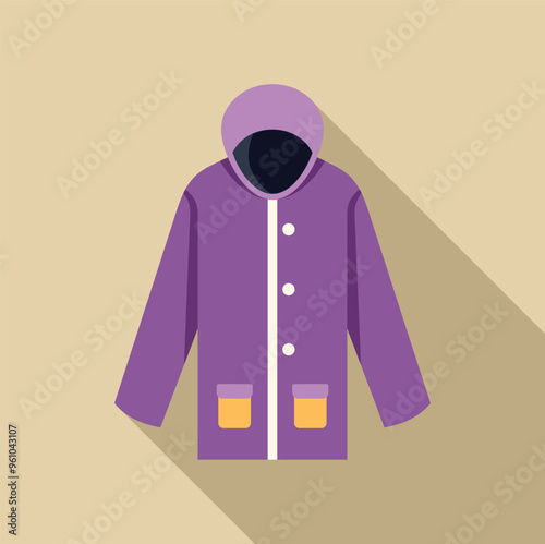 Purple raincoat with hood protecting from cold and rain, flat vector illustration with long shadow