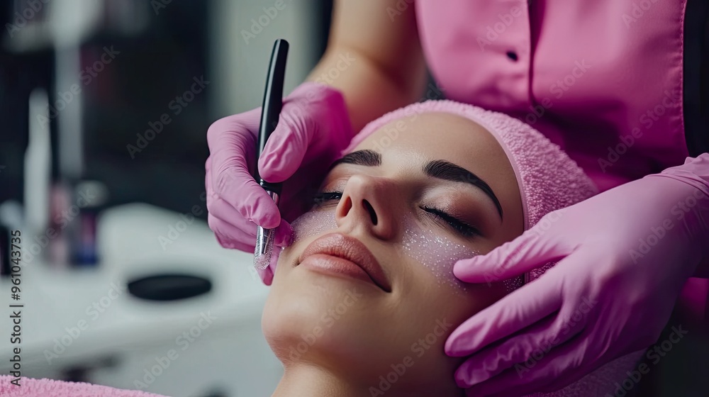 A beauty treatment session with a client receiving facial care from a professional. A beauty treatment session with a client receiving facial care from a professional.