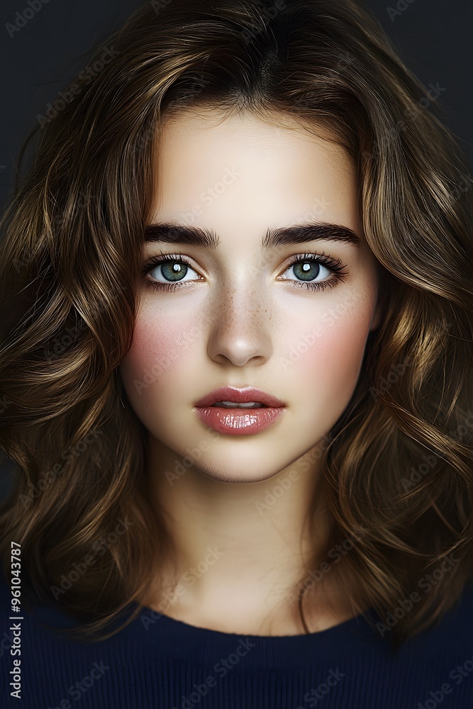 Closeup Portrait of Young Woman with Long Wavy Brown Hair and Green Eyes Closeup Portrait of Young Woman with Long Wavy Brown Hair and Green Eyes