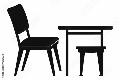 Chair and table silhouette, black table and chair icon vector