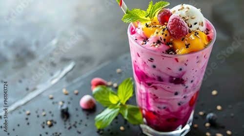 Extremely vibrant falooda with a lovely pairing of creamy silk noodles and frozen treats