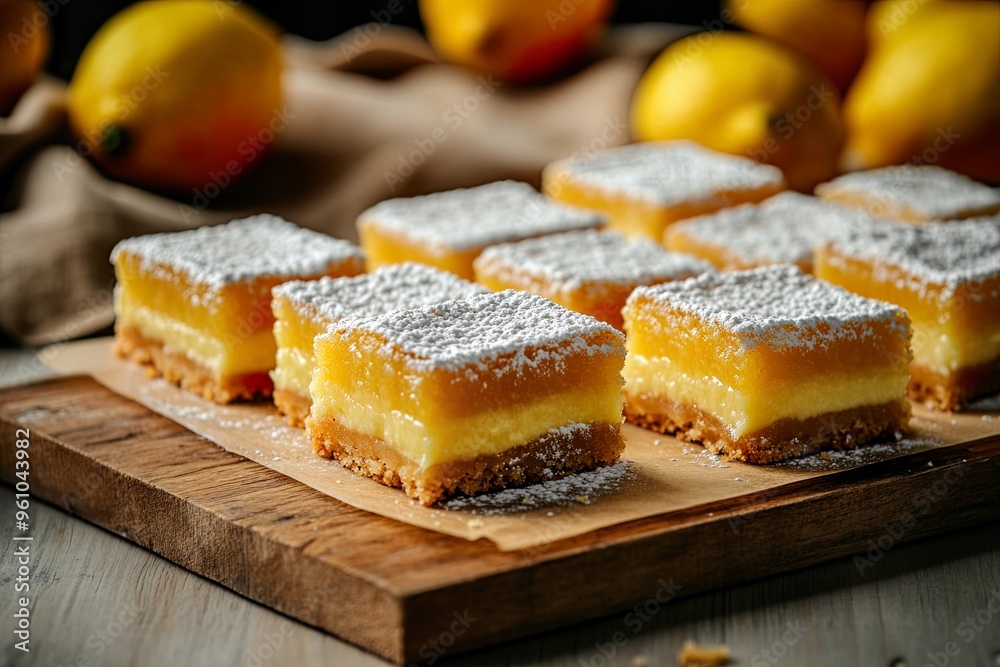 Delicious lemon bars dusted with powdered sugar on a wooden board, surrounded by lemons. Delicious lemon bars dusted with powdered sugar on a wooden board, surrounded by lemons.
