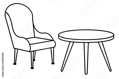 
Chair and table line art vector illustration, dining table and chair outline vector
