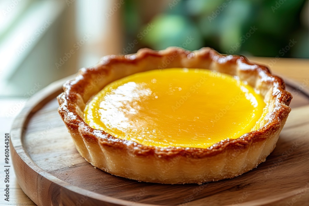 A delicious lemon tart on a wooden platter, showcasing its glossy filling and crust. A delicious lemon tart on a wooden platter, showcasing its glossy filling and crust.
