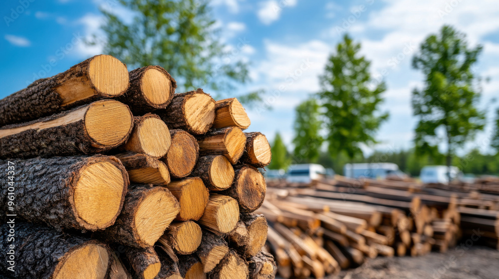 A large stack of logs neatly arranged in a wood processing yard under a clear sky, ready for further processing. A large stack of logs neatly arranged in a wood processing yard under a clear sky, ready for further processing.