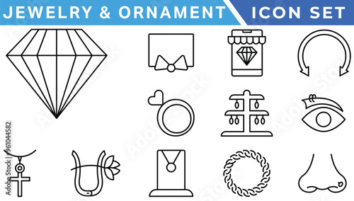 Jewelry related icons: thin vector icon set, black and white kit.diamond, gemstones and jewelry related, thin line icon set