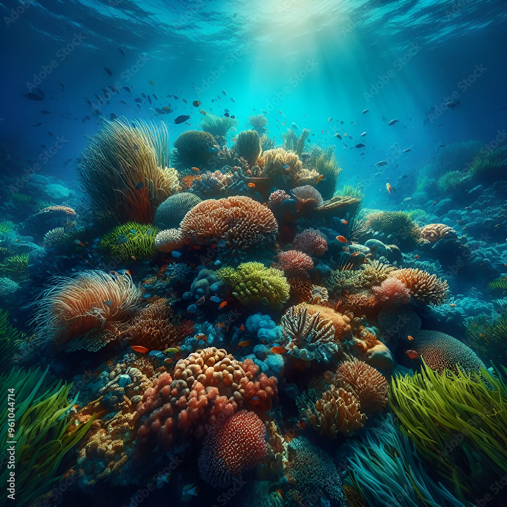 A peaceful tropical underwater seagrass meadow, seagrass swaying in the current ai generative A peaceful tropical underwater seagrass meadow, seagrass swaying in the current ai generative