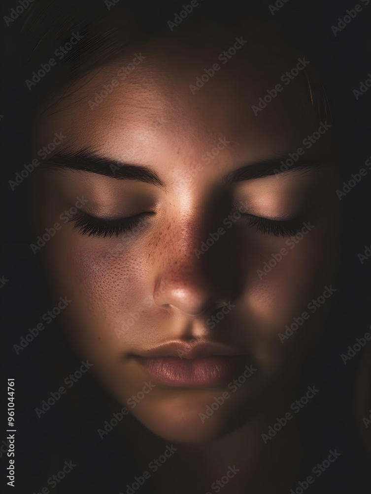 Closeup Portrait of a Woman with Eyes Closed and Freckles Closeup Portrait of a Woman with Eyes Closed and Freckles