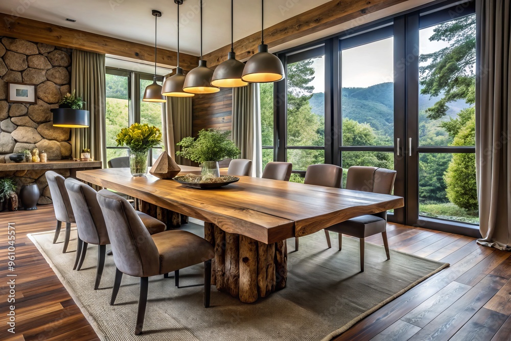 Fototapeta premium Rustic dining room interior featuring a large live edge dining table with rough, natural edges and metal legs