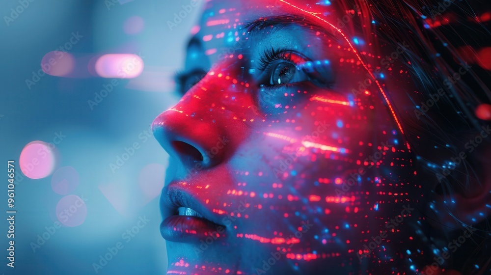 A captivating portrait of a person with futuristic light patterns illuminating the face, evoking technology and creativity. A captivating portrait of a person with futuristic light patterns illuminating the face, evoking technology and creativity.