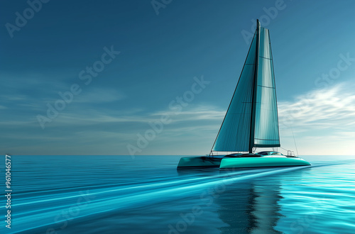 Teal Trimaran Adventure: Gliding on Aqua Blue Seas photo