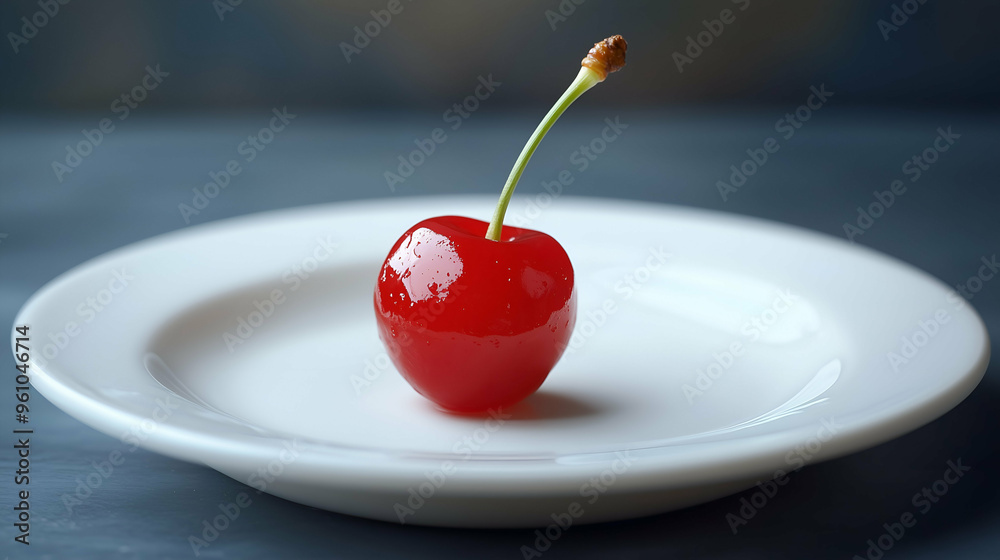 Single Maraschino Cherry on White Plate with Stem