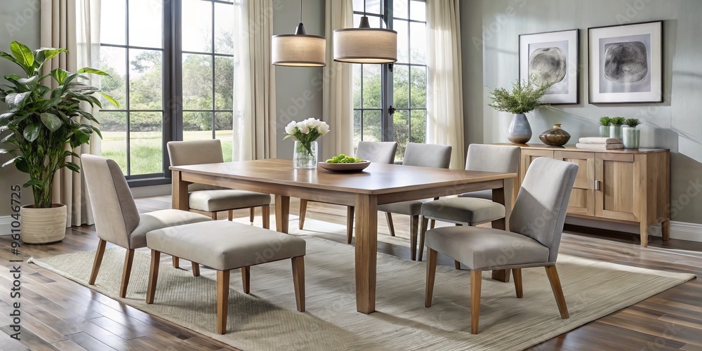 Sleek modern dining set featuring a minimalist table and six upholstered chairs in a soft gray hue, complemented Sleek modern dining set featuring a minimalist table and six upholstered chairs in a soft gray hue, complemented