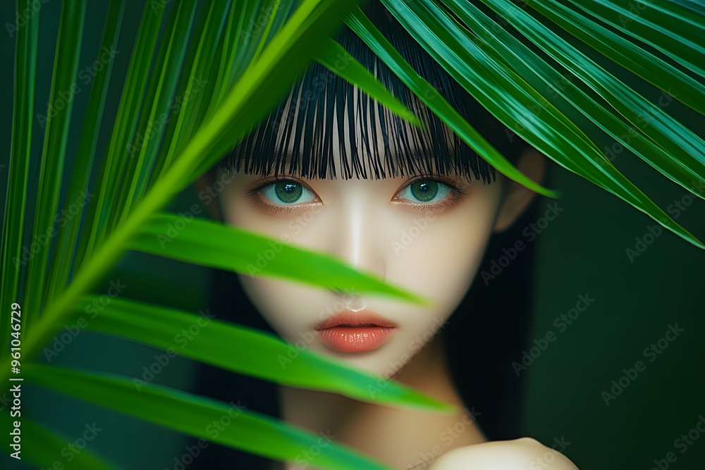 Woman s Face Half Hidden by Palm Leaves Woman s Face Half Hidden by Palm Leaves