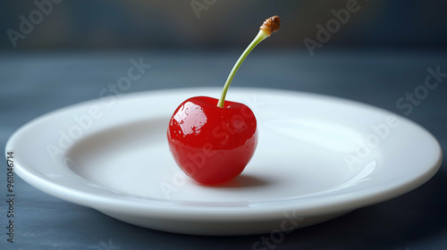 Obraz na płótnie Single Maraschino Cherry on White Plate with Stem w salonie