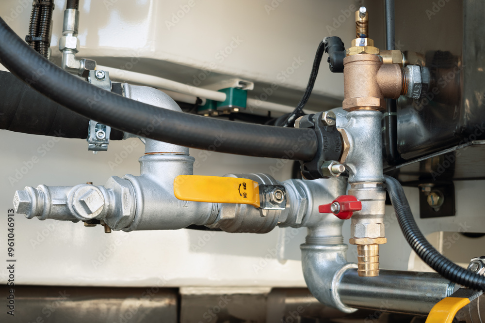 Detail of a hydraulic control mechanism of a concrete pump truck. Detail of a hydraulic control mechanism of a concrete pump truck.