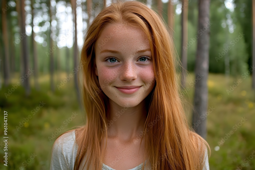 Naklejka premium Portrait of a Smiling Redhead with Freckles in a Forest