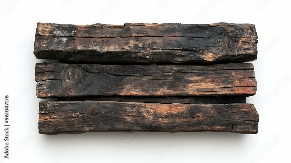Fototapeta premium Three Charred Wooden Logs on White Background