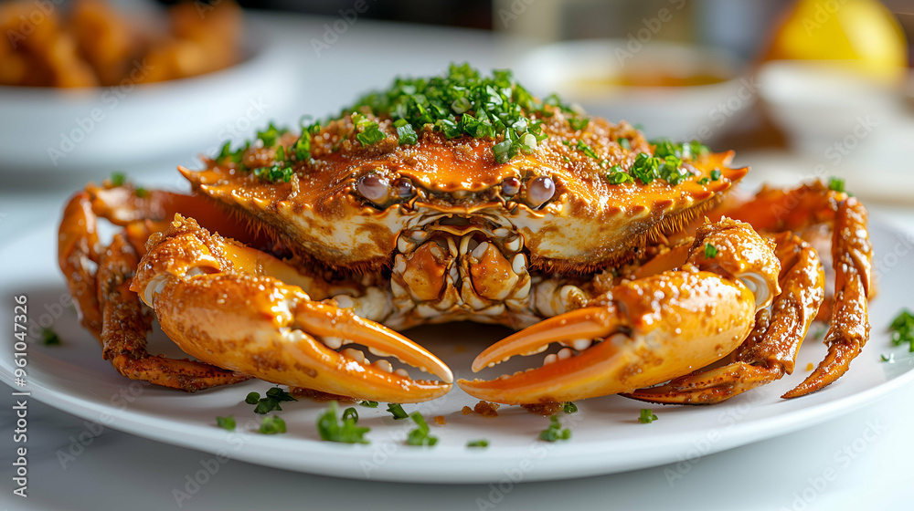Spicy Steamed Crab Garnished with Chopped Green Onions on White Plate Spicy Steamed Crab Garnished with Chopped Green Onions on White Plate