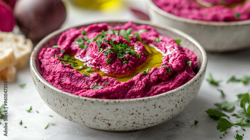 Fresh Beetroot Hummus Topped with Olive Oil and Parsley in a Ceramic Bowl Fresh Beetroot Hummus Topped with Olive Oil and Parsley in a Ceramic Bowl