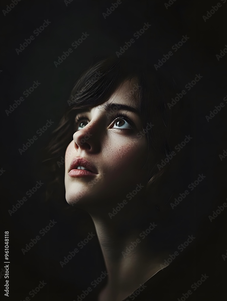 Fototapeta premium Close up Portrait of Young Woman Looking Up with Hopeful Expression