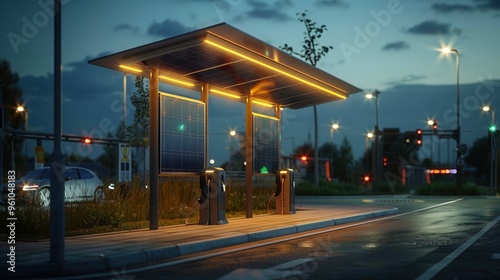 A modern bus stop illuminated at dusk, showcasing contemporary design and urban landscape, ideal for transportation-themed projects.