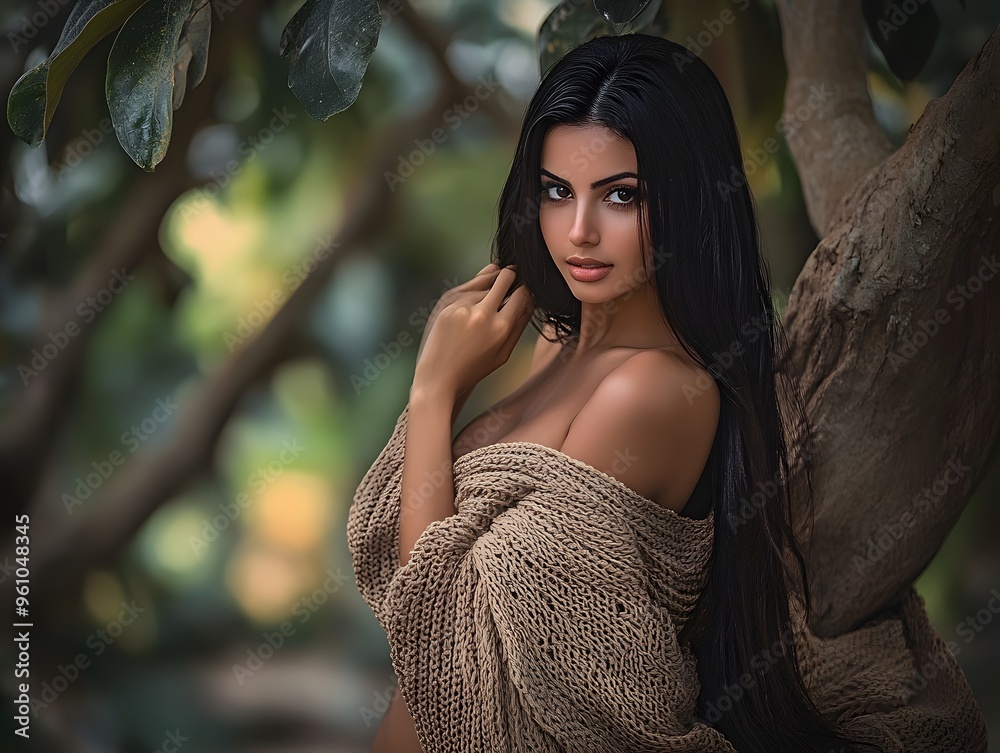 Fototapeta premium Beautiful Woman with Long Black Hair in a Brown Knitted Sweater Posing in a Lush Garden