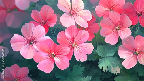 A vibrant display of pink flowers blooming gracefully, surrounded by lush green leaves, creating a serene and cheerful ambiance.