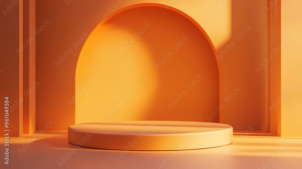 Yellow circular geometric display platform on pink background Yellow circular geometric display platform on pink background
