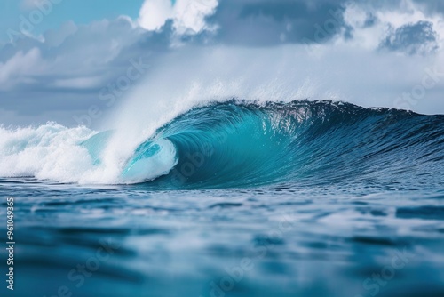 A stunning wave crashing in a vibrant blue ocean under a cloudy sky, capturing the essence of nature's beauty and power.