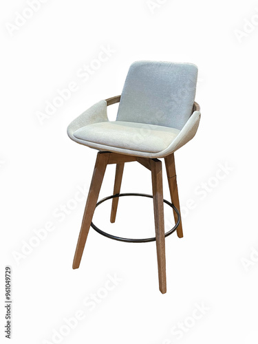 Modern white chair with wooden legs on white background 