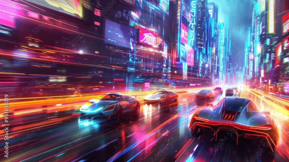 A group of sleek, futuristic cars race through a neon-lit cityscape, leaving glowing trails behind them. The vibrant colors and dynamic composition create an intense sense of speed and competition