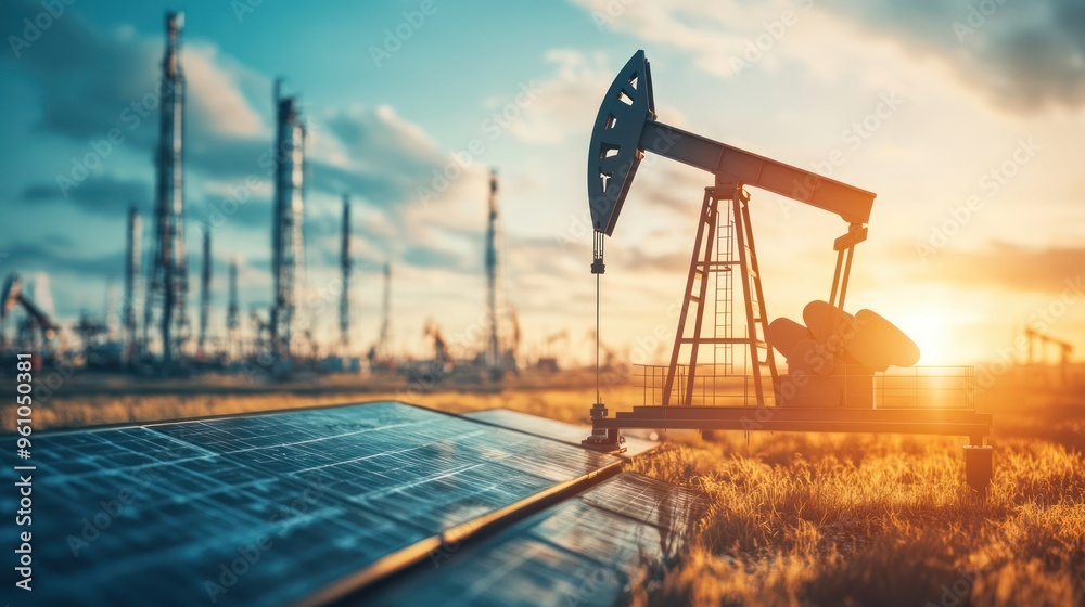 Oil Pump and Solar Panel in a Field at Sunset Oil Pump and Solar Panel in a Field at Sunset