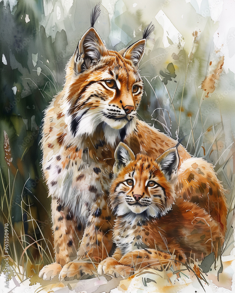 Obraz premium Lynx in the forest, lynx in the natural environment, watercolor illustration