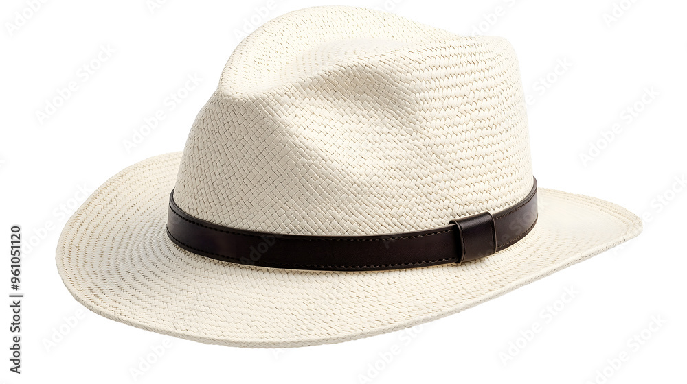 White straw fedora hat with brown leather band isolated on white background
White straw fedora hat with brown leather band isolated on white background