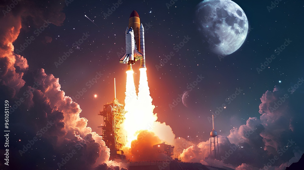 A space shuttle launching from a futuristic platform with flames and smoke billowing from the engines as it ascends towards space, surrounded by bright stars and a full moon in the sky A space shuttle launching from a futuristic platform with flames and smoke billowing from the engines as it ascends towards space, surrounded by bright stars and a full moon in the sky