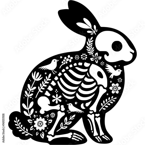 Silhouette of rabbit skeleton is decorated with Mexican floral patterns and in monochrome. Simple minimalistic vector in black ink drawing on transparent background