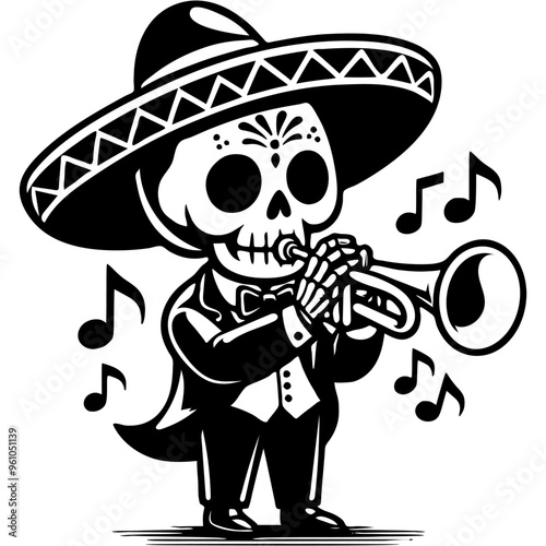 Street musician dressed in a skeleton costume and a Mexican sombrero hat plays the trombone in monochrome. Simple minimalistic vector in black ink drawing on transparent background