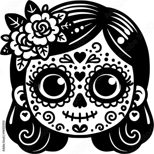 Girl with short hair and face decorated with Mexican ornament in monochrome. Simple minimalistic vector in black ink drawing on transparent background