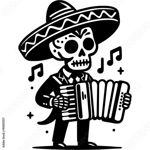 Street musician dressed in a skeleton costume and a Mexican sombrero hat plays the accordion in monochrome. Simple minimalistic vector in black ink drawing on transparent background