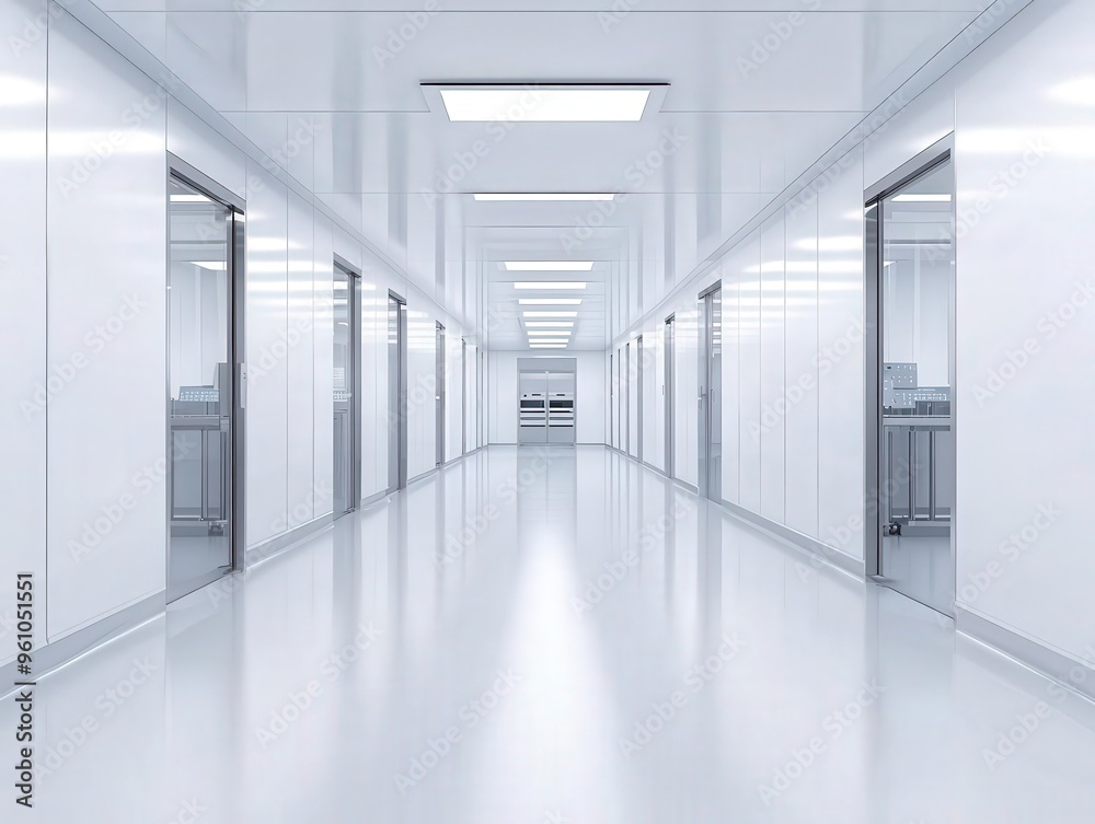 Sterile cleanroom filled with advanced equipment, silicon wafers, and microprocessor assembly stations Sterile cleanroom filled with advanced equipment, silicon wafers, and microprocessor assembly stations