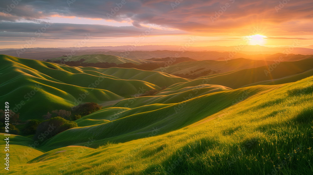 Obraz premium Rolling green hills at sunset with glowing sunlight and dramatic sky
