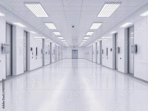 Sterile cleanroom filled with advanced equipment, silicon wafers, and microprocessor assembly stations