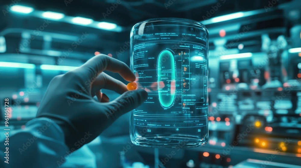 Fototapeta premium A futuristic scene of a patient taking a smart pill that monitors vital signs and delivers medication when needed.