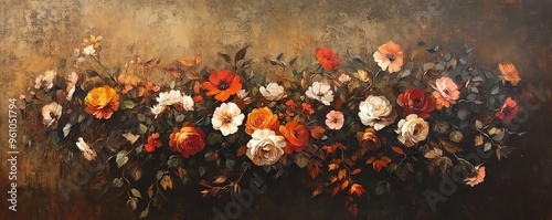 moody oil painting with textured brown backdrop, autumn flowers in muted oranges, pinks, and whites, green leaves and stems, dull muted colors photo