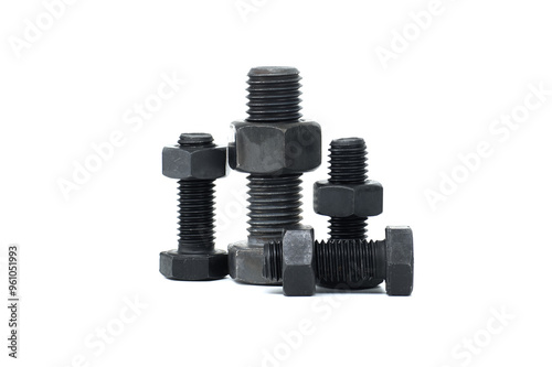 Closeup of assorted metal bolts and nuts isolated on a white background