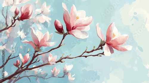 Delicate magnolia blossoms with soft pink petals against a tranquil blue background, perfect for nature and spring themes.