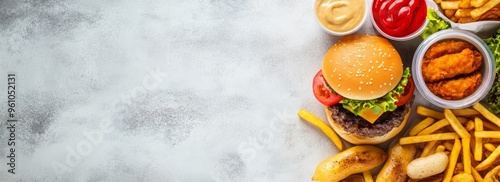 Fast food banner with copyspace. A type of mass produced food designed for commercial resale, with a strong priority placed on speed of service photo